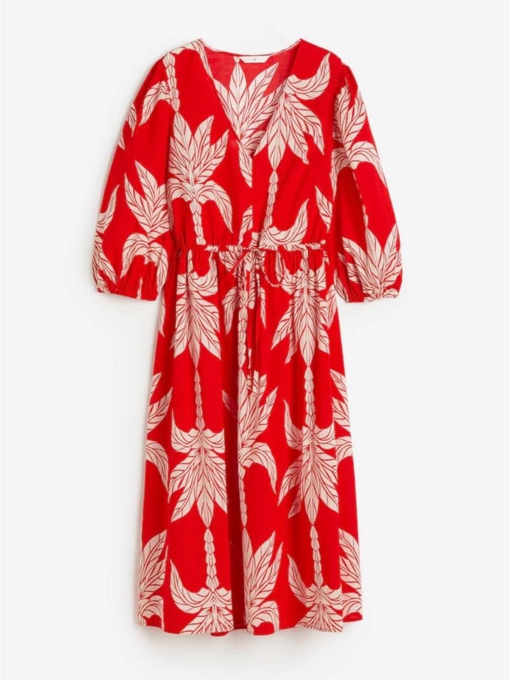 H&M Red and White Tropical Midi Dress with Tie Waist